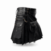 Men's black leather utility kilt with detachable leather sporran, utility pockets and antique brass buckles