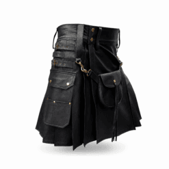 Men's black leather utility kilt with detachable leather sporran, utility pockets and antique brass buckles