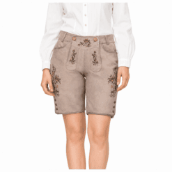 Women's Traditional Lederhosen in light beige genuine leather with multicolour alpine floral embroidery