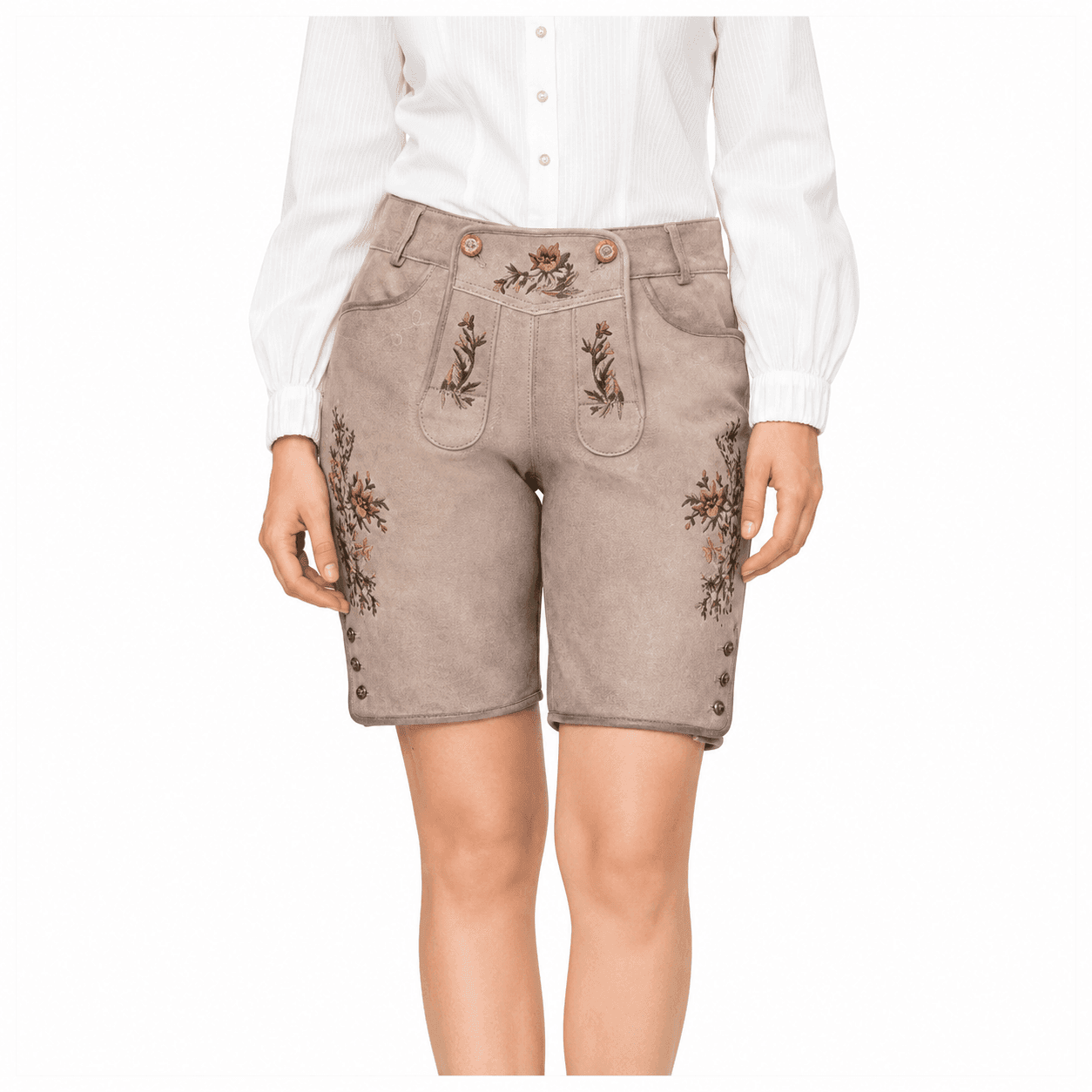 Women's Traditional Lederhosen in light beige genuine leather with multicolour alpine floral embroidery