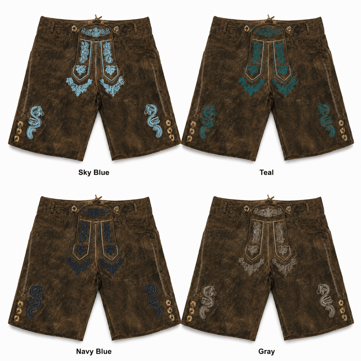Aged olive suede lederhosen with Alpine Crest embroidery collage featuring Sky Blue, Teal, Navy Blue, and Gray embroidery color options.