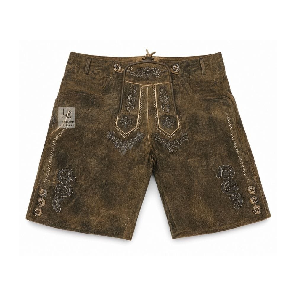 Aged Olive Suede Lederhosen with Alpine Crest Embroidery Front View