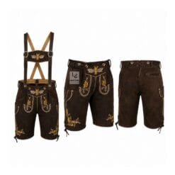 Alpine Heritage lederhosen with Golden Wheat embroidery and matching embroidered suspenders in premium suede leather