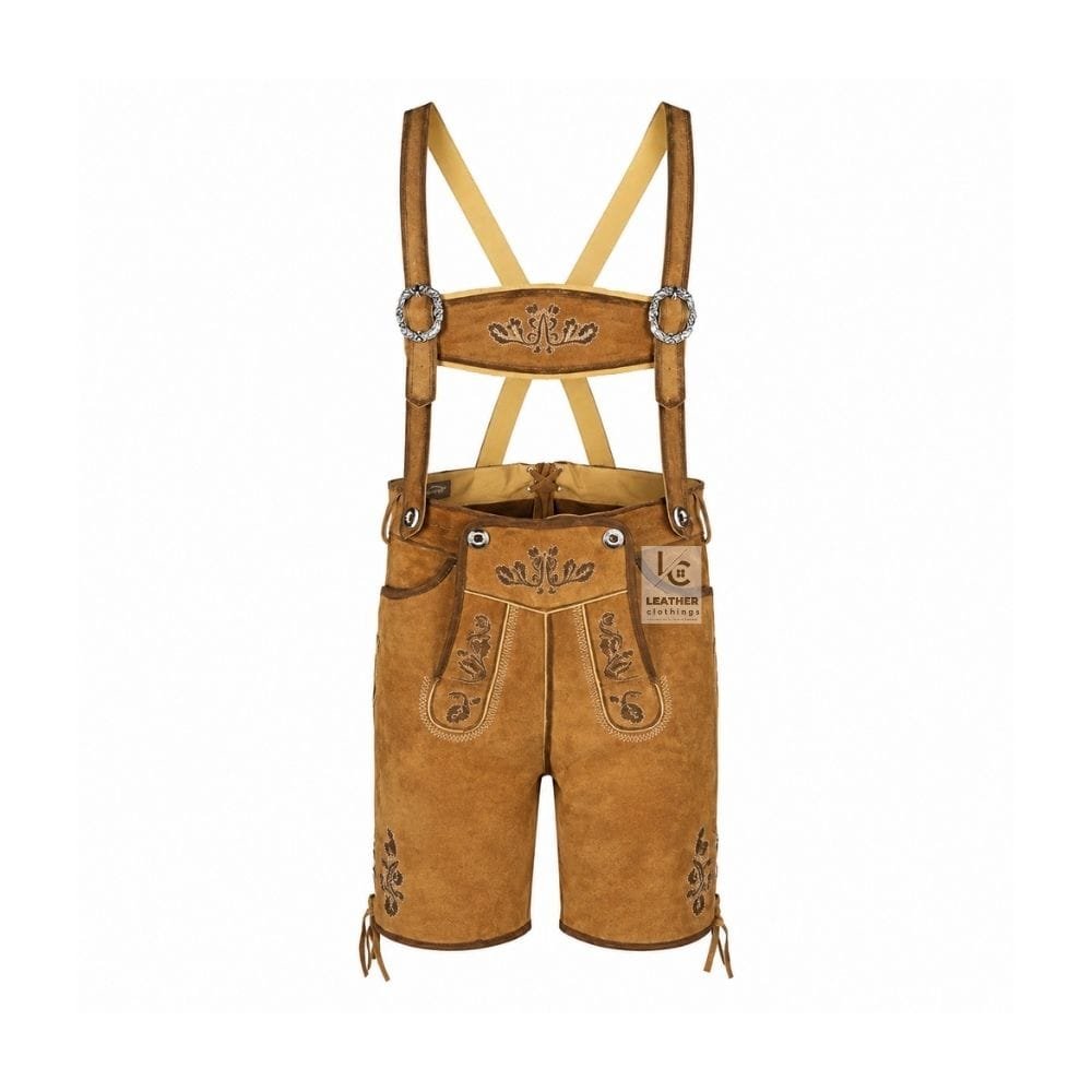 Alpine Stag suede lederhosen with Royal vine embroidery and matching embroidered suspenders
