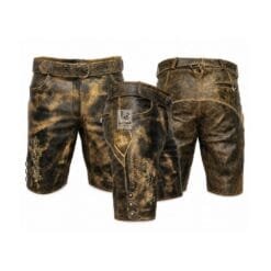 Antique Brown Leather Lederhosen with Royal Scroll Embroidery Front Side and Back View