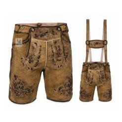Antique Oak Suede Lederhosen with Baroque Floral Embroidery and Matching Suspenders