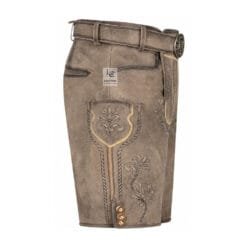 Right side profile of Ashen Oak lederhosen with embroidered knife pocket