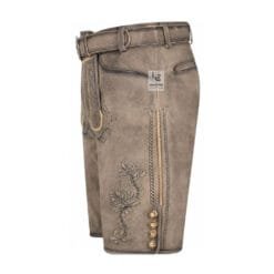 Left angled view of Ashen Oak genuine leather Bavarian lederhosen