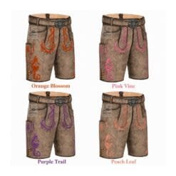 Ashen Oak Genuine Lederhosen right angle view featuring Orange Blossom, Pink Vine, Purple Trail and Peach Leaf embroidery color options on premium genuine leather.