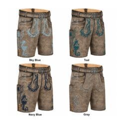 Ashen Oak Genuine Lederhosen right angle view featuring Sky Blue, Teal, Navy Blue and Gray embroidery color options on premium genuine leather.