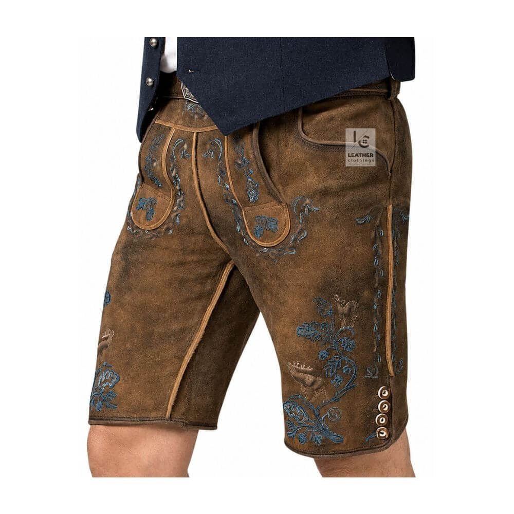 Left angled view of Ashen Oak genuine leather Bavarian lederhosen