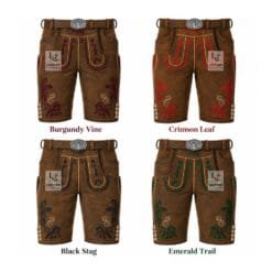 Authentic antique chestnut suede lederhosen with Burgundy Vine, Crimson Leaf, Black Stag, and Emerald Trail embroidery color variations.