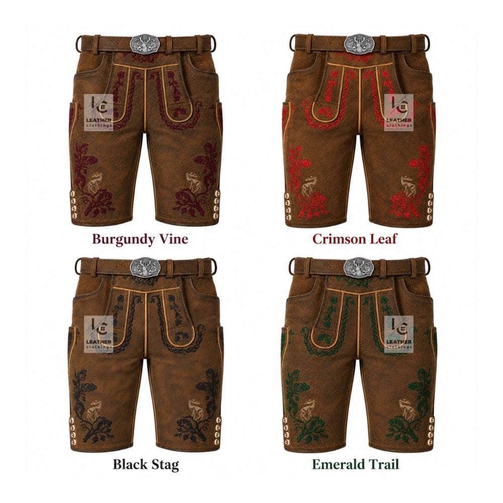 Authentic antique chestnut suede lederhosen with Burgundy Vine, Crimson Leaf, Black Stag, and Emerald Trail embroidery color variations.
