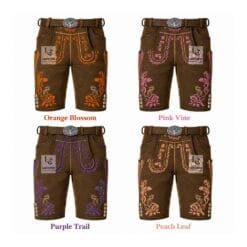 Authentic antique chestnut suede lederhosen with Orange Blossom, Pink Vine, Purple Trail, and Peach Leaf embroidery color variations.