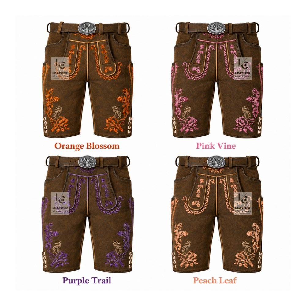 Authentic antique chestnut suede lederhosen with Orange Blossom, Pink Vine, Purple Trail, and Peach Leaf embroidery color variations.