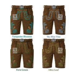 Authentic antique chestnut suede lederhosen with Turquoise Blossom, Sky Blue Vine, Fern Green, and Olive Leaf embroidery color variations.