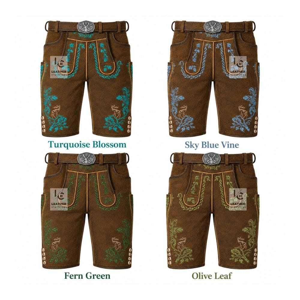 Authentic antique chestnut suede lederhosen with Turquoise Blossom, Sky Blue Vine, Fern Green, and Olive Leaf embroidery color variations.