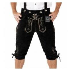 Authentic black leather Bundhosen with suspenders and silver-grey embroidery front view