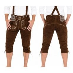 Authentic Brown Leather Bundhosen with Suspenders front and back view