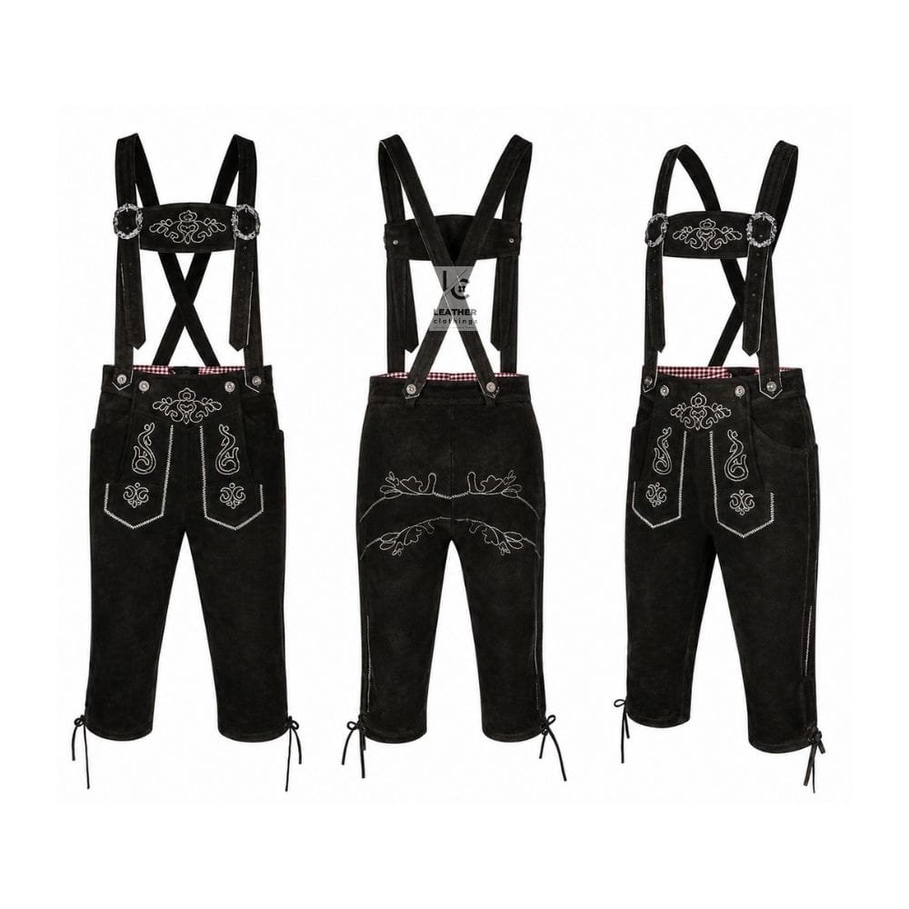 Black Forest suede Bundhosen with Regal scroll embroidery and matching embroidered suspenders