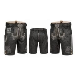 Black Oktoberfest lederhosen with Baroque Scroll embroidery and engraved leather belt