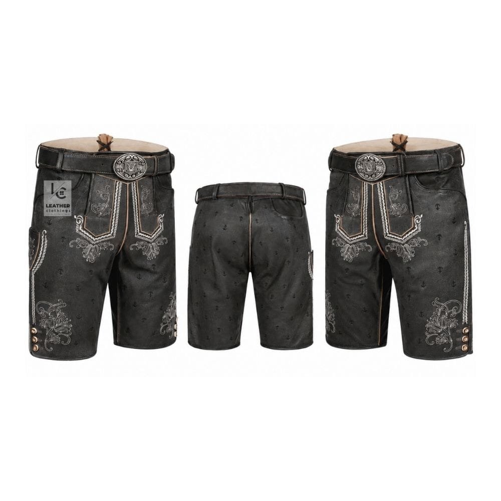 Black Oktoberfest lederhosen with Baroque Scroll embroidery and engraved leather belt