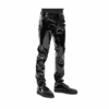 Angled view of Black Vinyl PVC Goth Punk Slim Fit Pants with glossy cowhide leather finish.