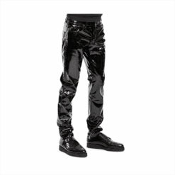 Angled view of Black Vinyl PVC Goth Punk Slim Fit Pants with glossy cowhide leather finish.