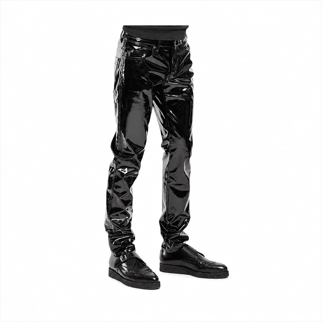 Angled view of Black Vinyl PVC Goth Punk Slim Fit Pants with glossy cowhide leather finish.