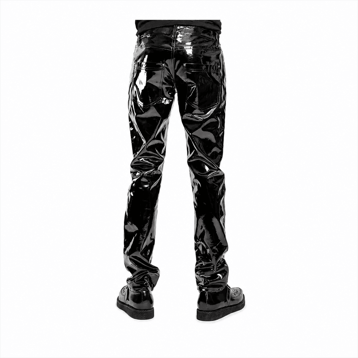 Back view of Black Vinyl PVC Goth Punk Slim Fit Pants in glossy cowhide leather finish.