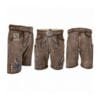 Taupe suede lederhosen shorts with Bluebell Blossom blue floral embroidery and engraved leather belt