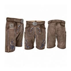 Taupe suede lederhosen shorts with Bluebell Blossom blue floral embroidery and engraved leather belt
