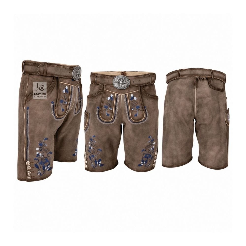 Taupe suede lederhosen shorts with Bluebell Blossom blue floral embroidery and engraved leather belt