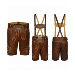 Brown Suede Lederhosen with Wheat Crest Embroidery Front Back and Suspender View