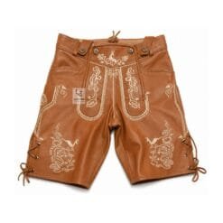 Chestnut Brown Leather Lederhosen with Deer and Edelweiss Embroidery Front View