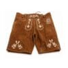 Cognac Suede Lederhosen with Alpine Arabesque Embroidery Front View