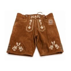 Cognac Suede Lederhosen with Alpine Arabesque Embroidery Front View