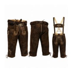 Forest Monarch suede Bundhosen with Oak Leaf Vine embroidery, leather belt, and embroidered suspenders