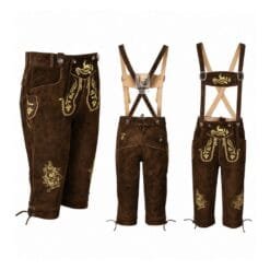 German Oktoberfest Bundhosen with Stag Crest embroidery, embroidered suspenders, and premium suede leather