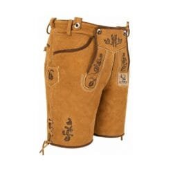 Golden Oak suede lederhosen with Heritage Leaf Scroll embroidery and traditional Bavarian flap