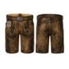 Distressed brown suede lederhosen shorts with Heritage Oak Scroll embossed detailing and engraved leather belt