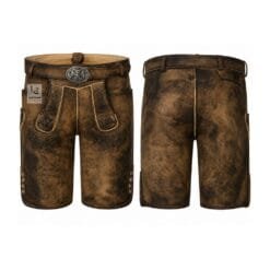 Distressed brown suede lederhosen shorts with Heritage Oak Scroll embossed detailing and engraved leather belt