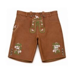 Honey Brown Leather Lederhosen with Alpine Deer Blossom Embroidery