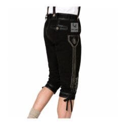 Side view of black genuine leather Bundhosen with silver floral embroidery