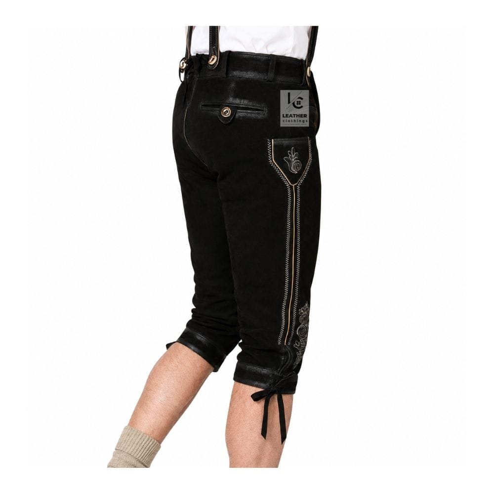 Side view of black genuine leather Bundhosen with silver floral embroidery