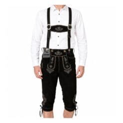 Jet Black Lederhosen Bundhosen Shorts with silver embroidery and matching suspenders