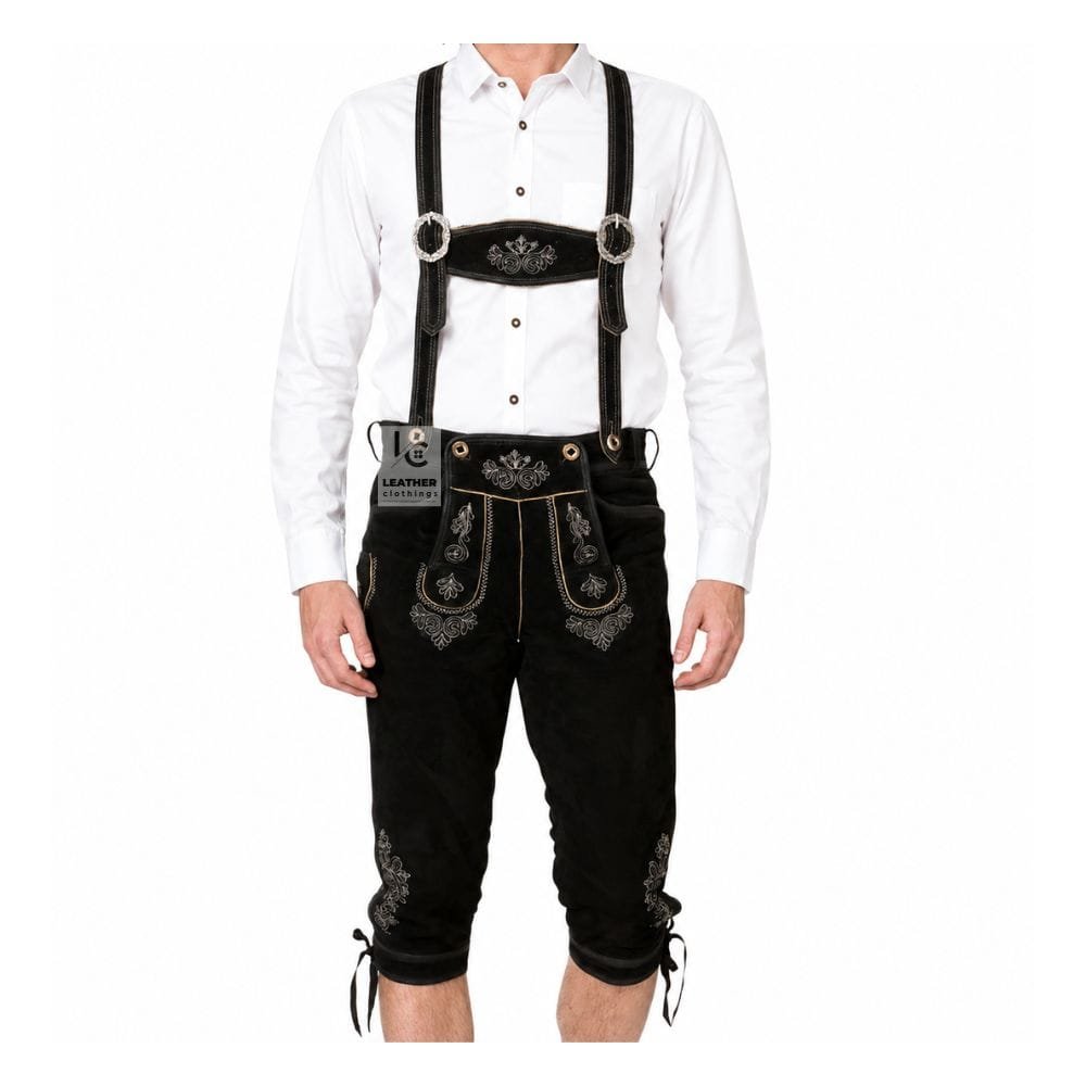 Jet Black Lederhosen Bundhosen Shorts with silver embroidery and matching suspenders