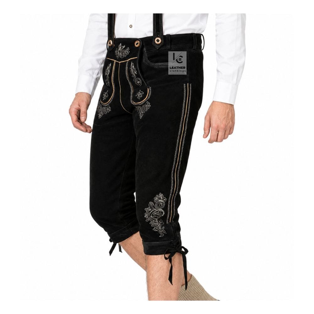 Angled view of traditional black Bundhosen with embroidered suspenders