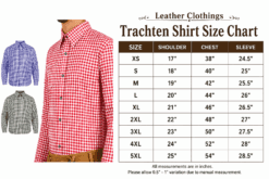 Leather Clothings Trachten Shirt Size Chart with shoulder, chest, and sleeve measurements from XS to 5XL alongside men's checkered Trachten shirts.