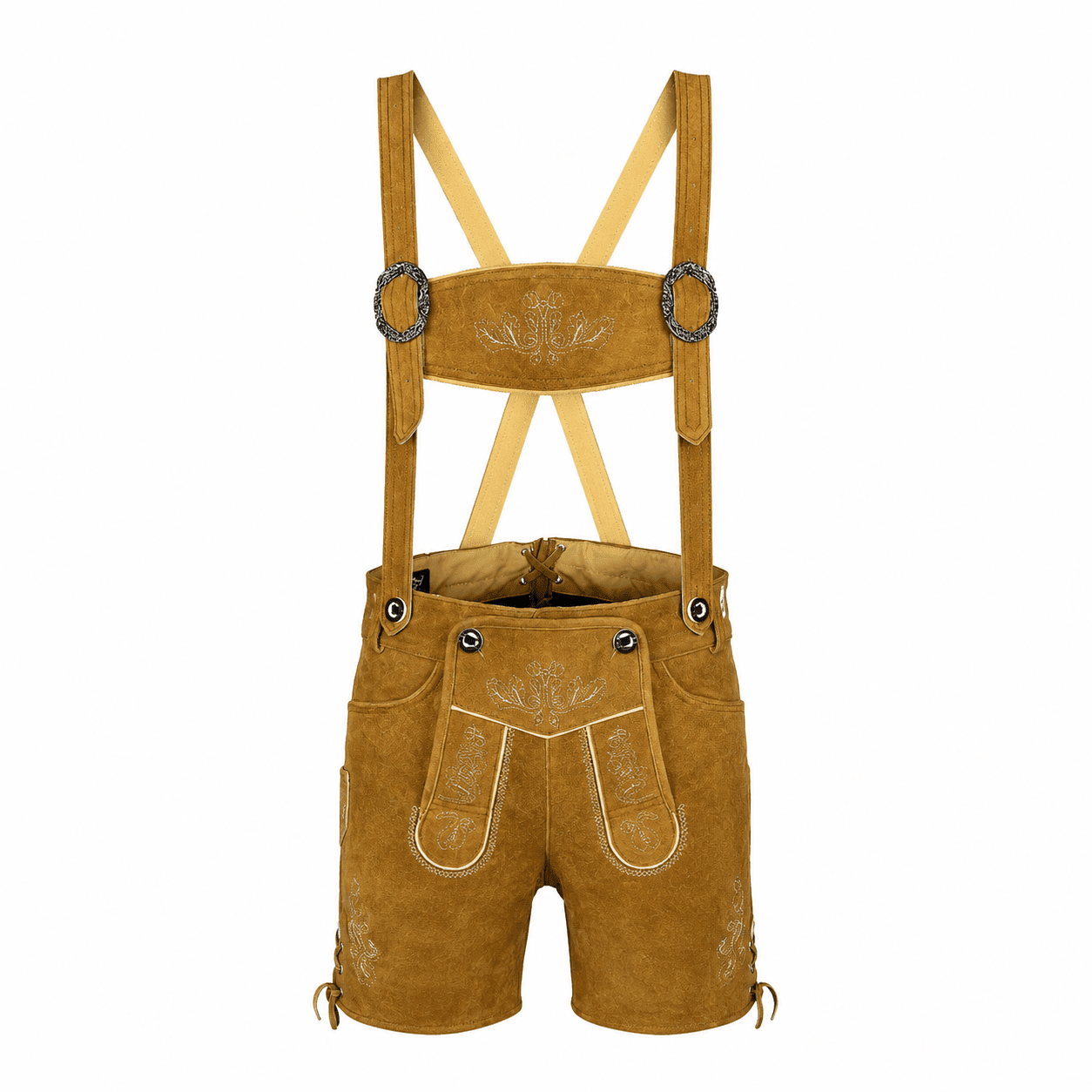 Men's Alpine Scroll Lederhosen with Embroidered Suspenders in Light Tan Suede
